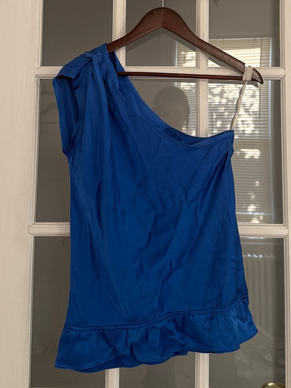 DREW Women's Royal Blue Satin One Shoulder Ruffle Hem Tunic Top Size XS